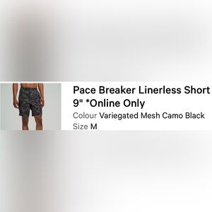 Lululemon Pace Breaker Linerless Short 9” Size M